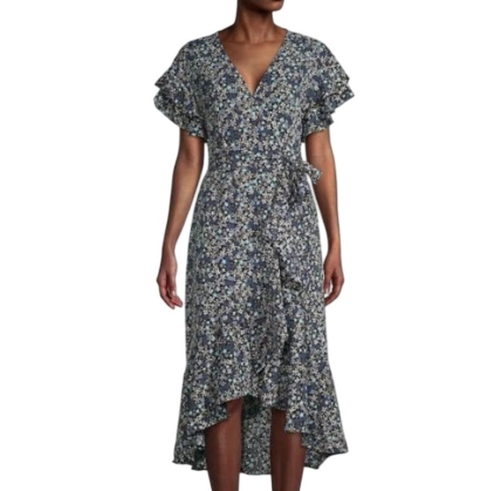 Max Studio Black & Blue Floral High Low Wrap Midi Dress Size XS
